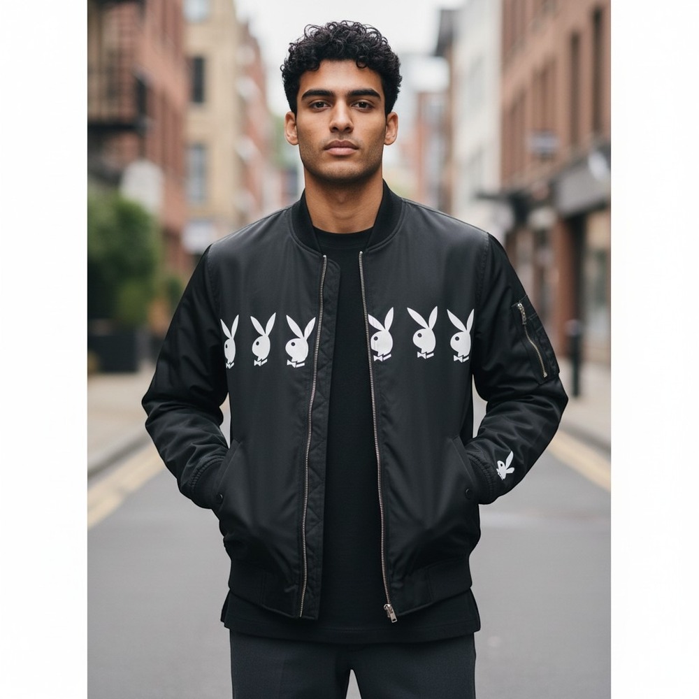 Supreme Playboy Crew Jacket Mens Large Black New Jacquard Logo Bomber Zip Up